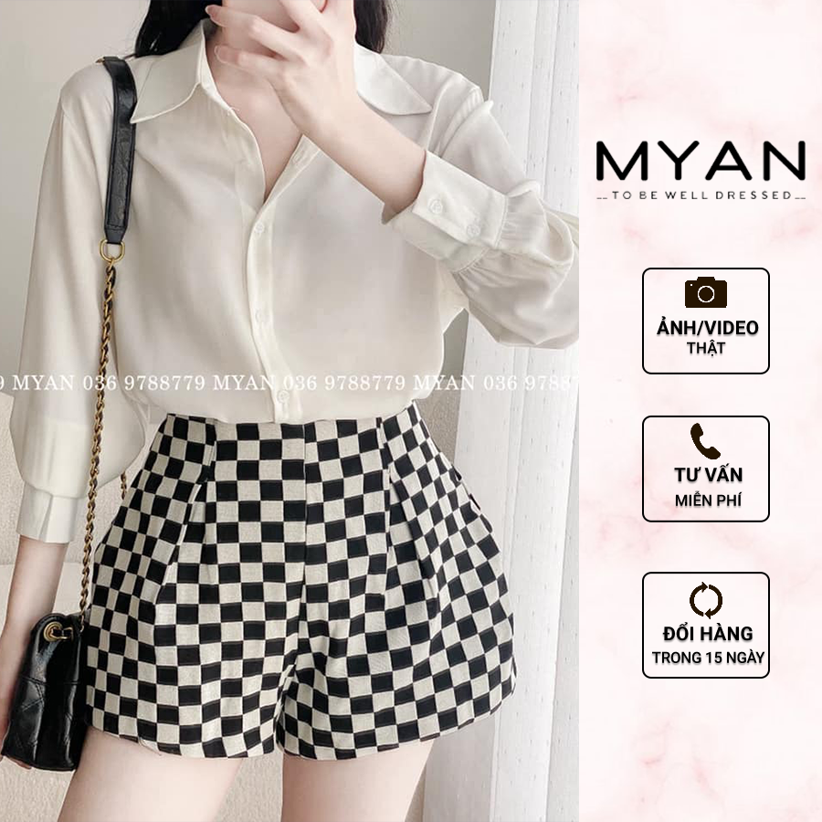 Quần short/sooc cạp cao myan thiết kế kẻ caro màu đen trắng- qvn062201