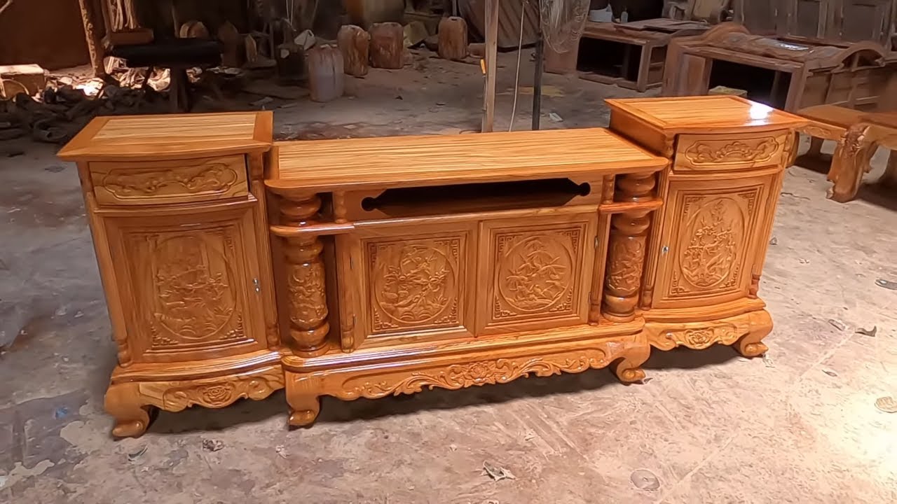 Kệ tivi gỗ gõ đỏ mẫu cột nho trạm tùng cúc trúc mai , tủ để tivi bằng gỗ , kệ trang trí phòng khách