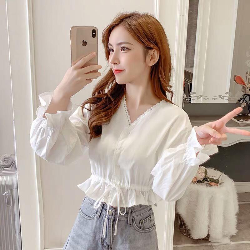 [FREE SHIP] Áo Voan Kiểu Sơmi Tay Dài Cổ V Phối Rút Eo Qúy Phái TTS0859