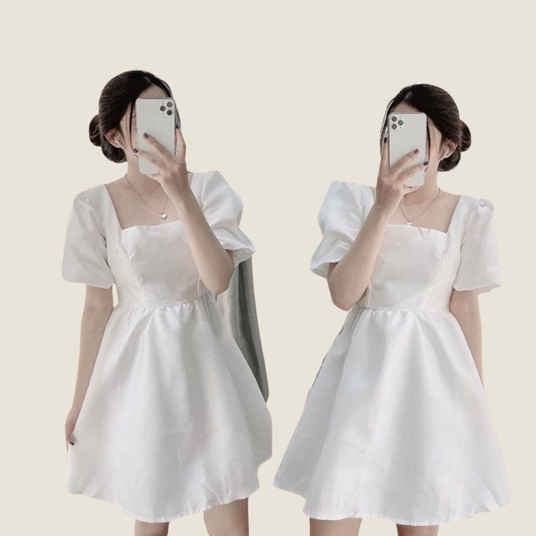 Review Váy hoa nhí cổ vuông tiểu thư - váy trắng hoa nhí hàn quốc