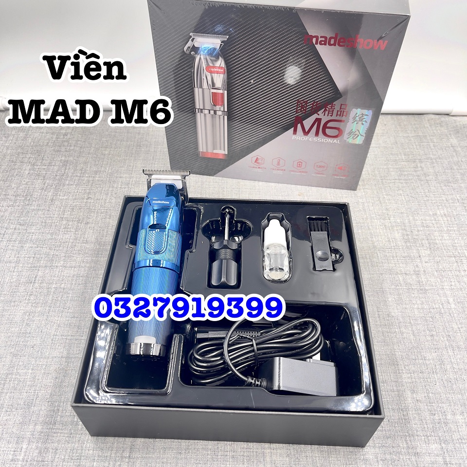 Madeshow Tông đơ chấn viền cao cấp M6, màu xanh trắng, pin lithium 1400mAh, động cơ Turbo 2 tốc độ, lưỡi thép không gỉ, công suất 8W, thiết kế hiện đại, bảo hành 3 tháng