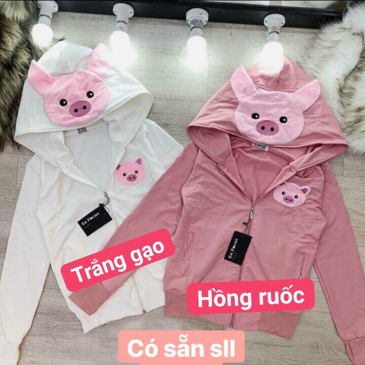 Áo khoác thun da cá nữ thêu heo nón đính tai heo hồng xinh xắn