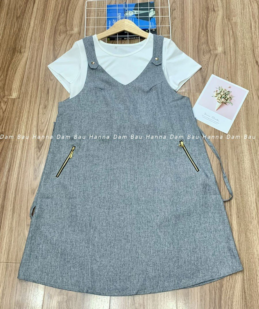 [HANNA] Đầm bầu yếm đen công sở dáng suông có size 75kg chất vải cao cấp thoáng mát kết hợp với áo thun hoặc áo công sở đầm bầu dài tới gối có 2 túi bên sườn có dây nơ cột sau
