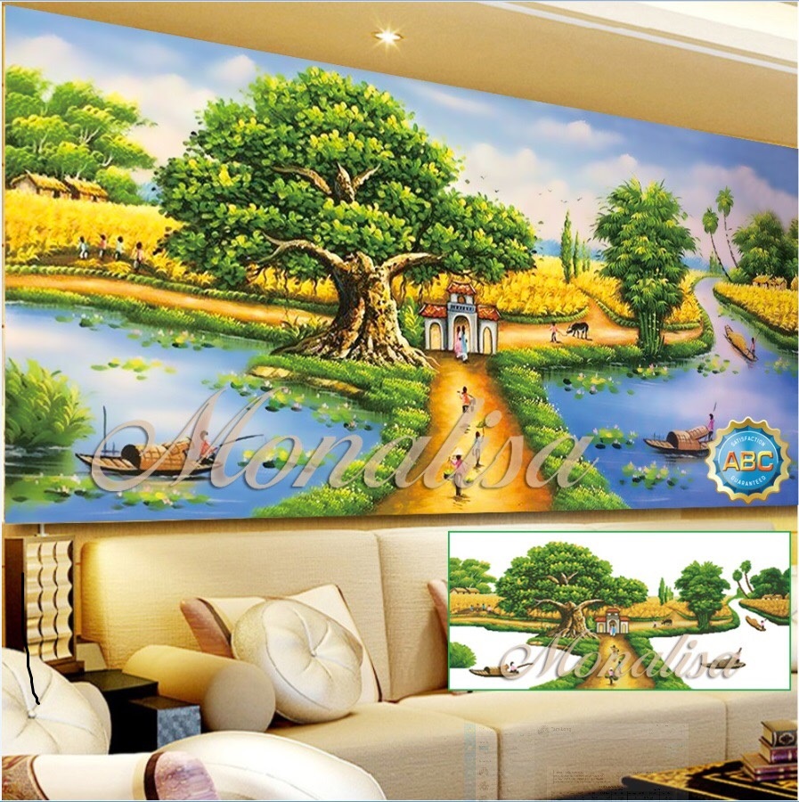 Tranh đính đá phong cảnh làng quê 120x65cm