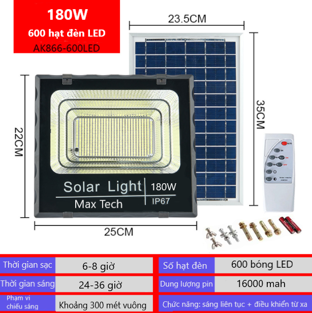 ĐÈN NĂNG LƯỢNG MẶT TRỜI 180W MAX TECH SOLAR LIGHT - ĐIỀU KHIỂN TỪ XA - PIN SẠC TRỌN DỜI - D1147