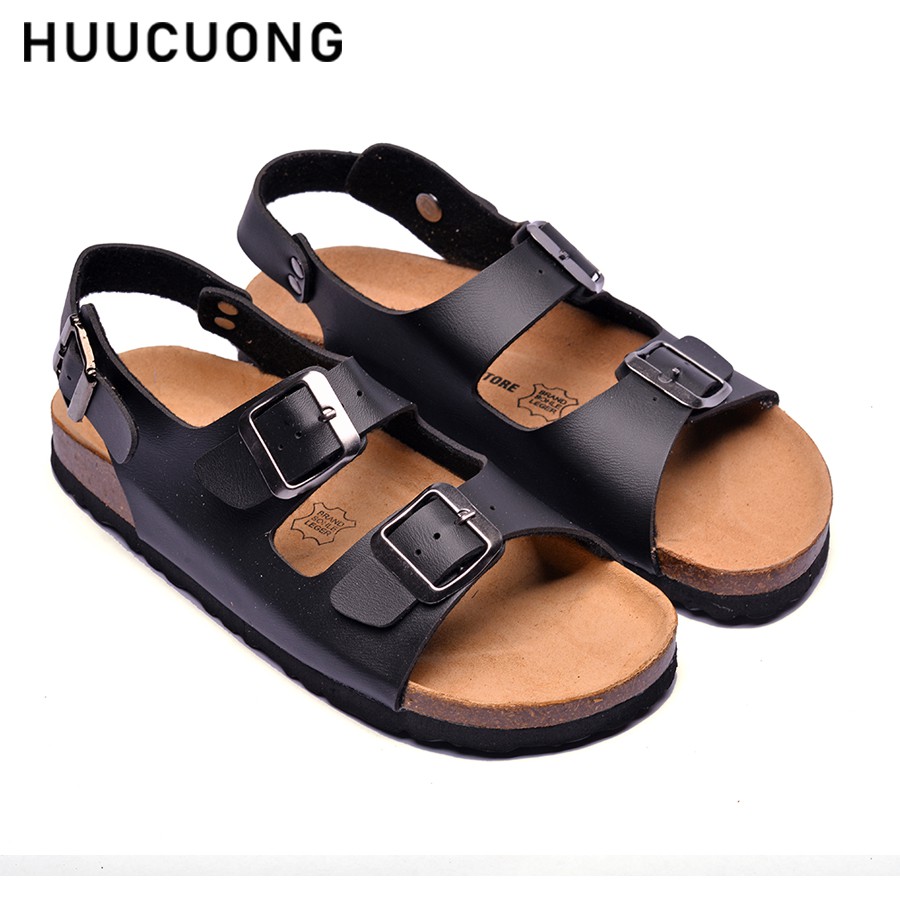 Sandal Unisex HuuCuong 2 khóa đen đế trấu handmade