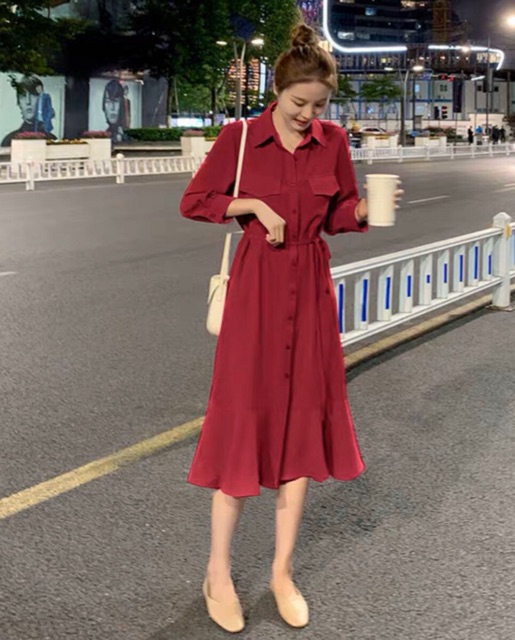 Váy Đi Tiệc Cưới Sơ Mi Túi Hộp Đuôi Cá Phong Cách Quý Cô Sang Chảnh, Đầm Nữ Dự Tiệc Tay Dài Buộc Eo Màu Xanh Mint Đỏ Đen Hồng - DM811