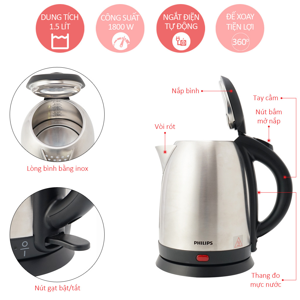 (BH 24 tháng chính hãng)Ấm đun Bình Đun Siêu Tốc Philips HD9306 1.5L