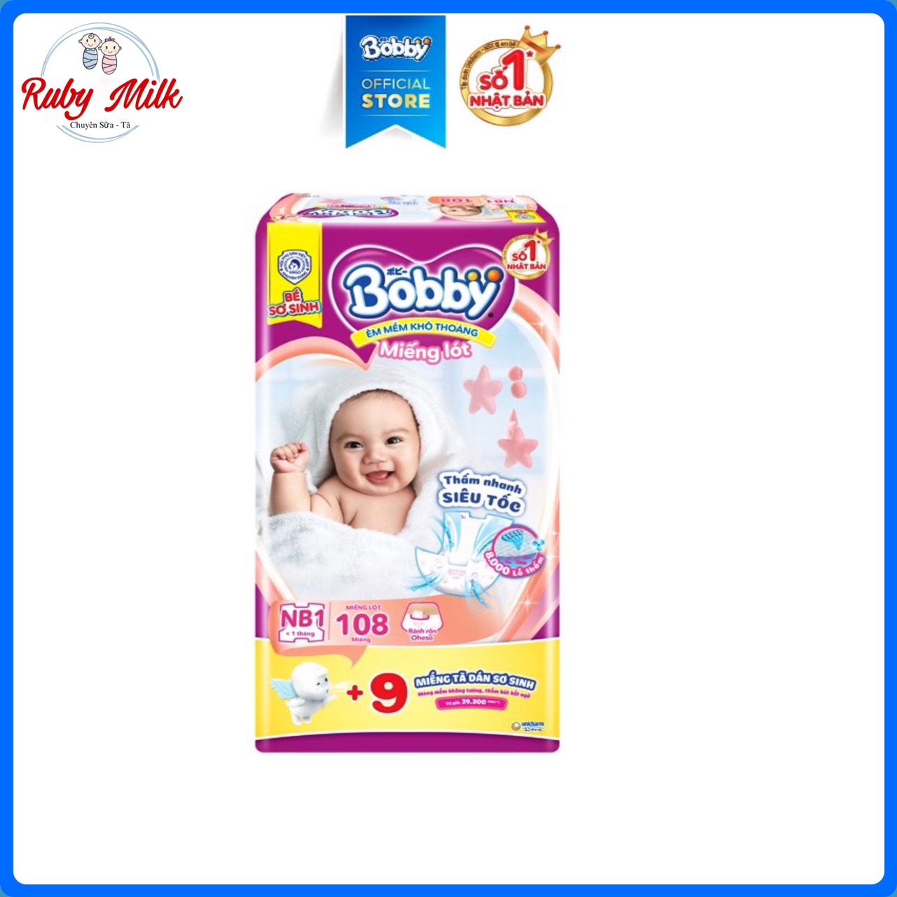 Tã Lót Bobby size Newborn 1 Gói 108 miếng (Cho bé dưới 5kg)