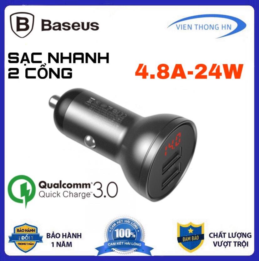 TẨU SẠC XE HƠI BASEUS 4.8A 24W  2 CỔNG SẠC CÓ LED BÁO HIỂN THỊ - Củ sạc nhanh QC3.0 dành cho ô tô 2 cổng sạc  sạc nhanh quick charge 3.0 Tẩu sạc oto