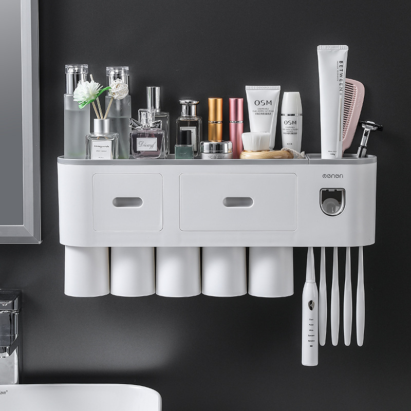 Bộ Nhả Kem Đánh Răng Tự Động OENON chính hãng Nhựa ABS Siêu Bền Dán Tường Tiện Lợi Kèm Cốc Hút Nam Châm, Giá đựng bàn chải đánh răng liền nhả kem