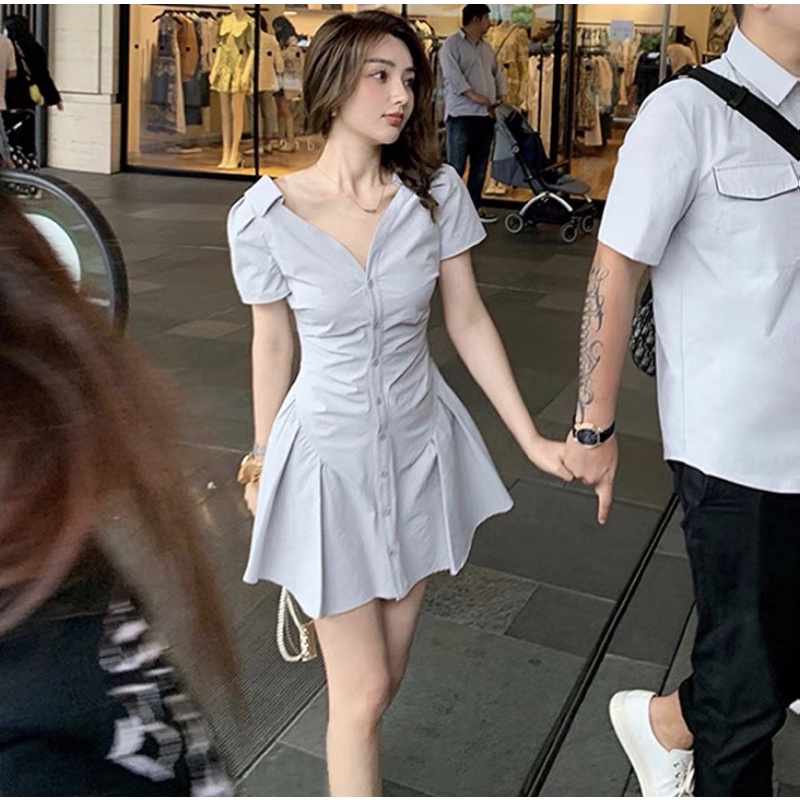 Váy đầm sơ mi bo eo dáng xoè kèm ảnh thật