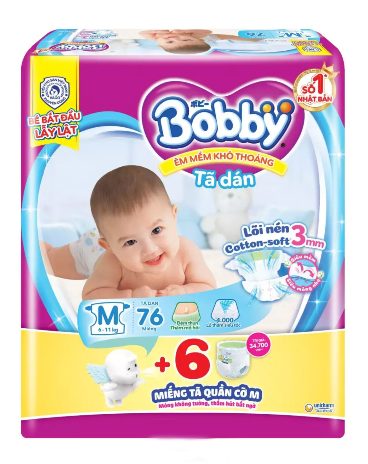 ( Cộng 6 miếng ) Bỉm Bobby dán size M76,L68,Xl62, Xxl56 mới .