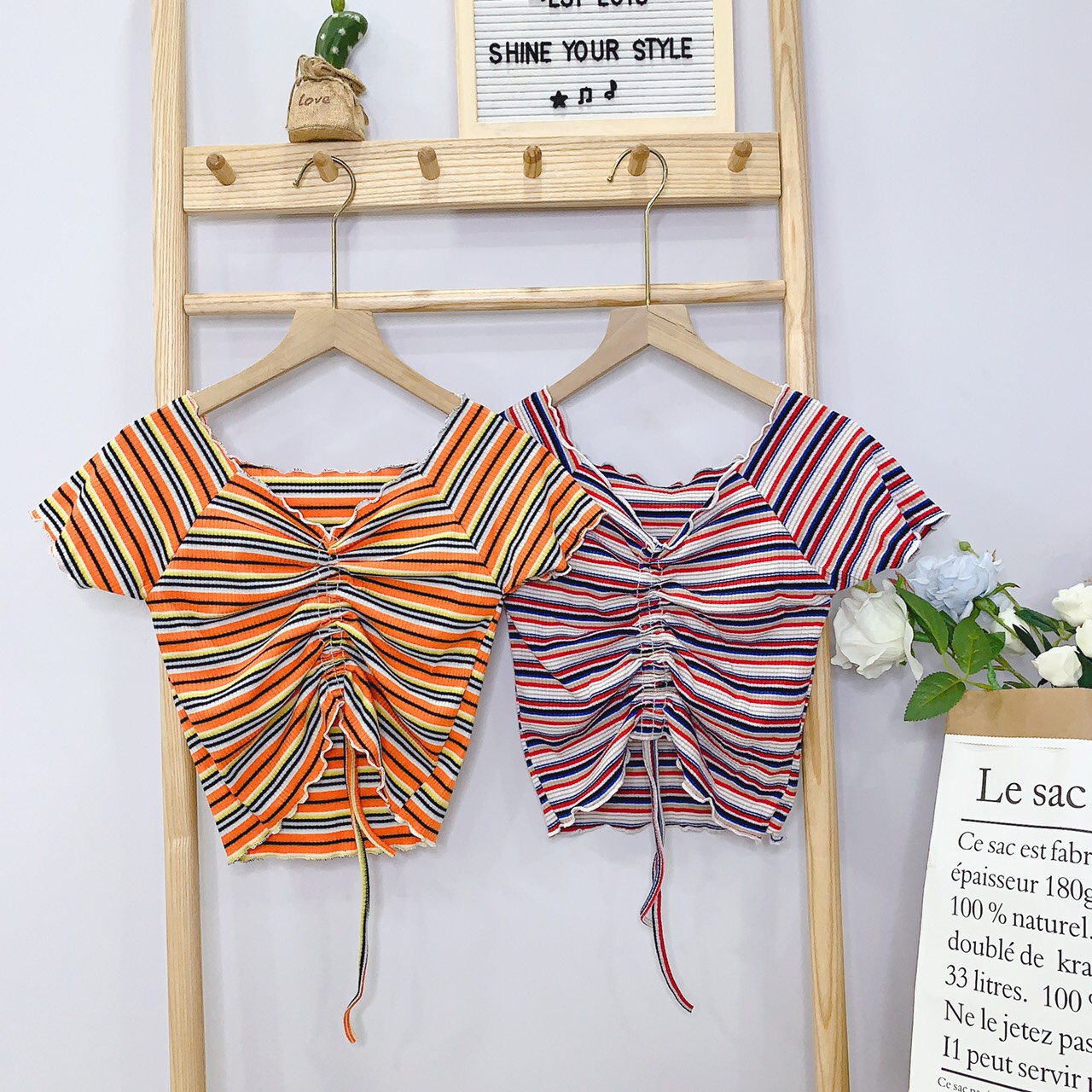 Áo kiểu sọc màu rút dây giữa xinh