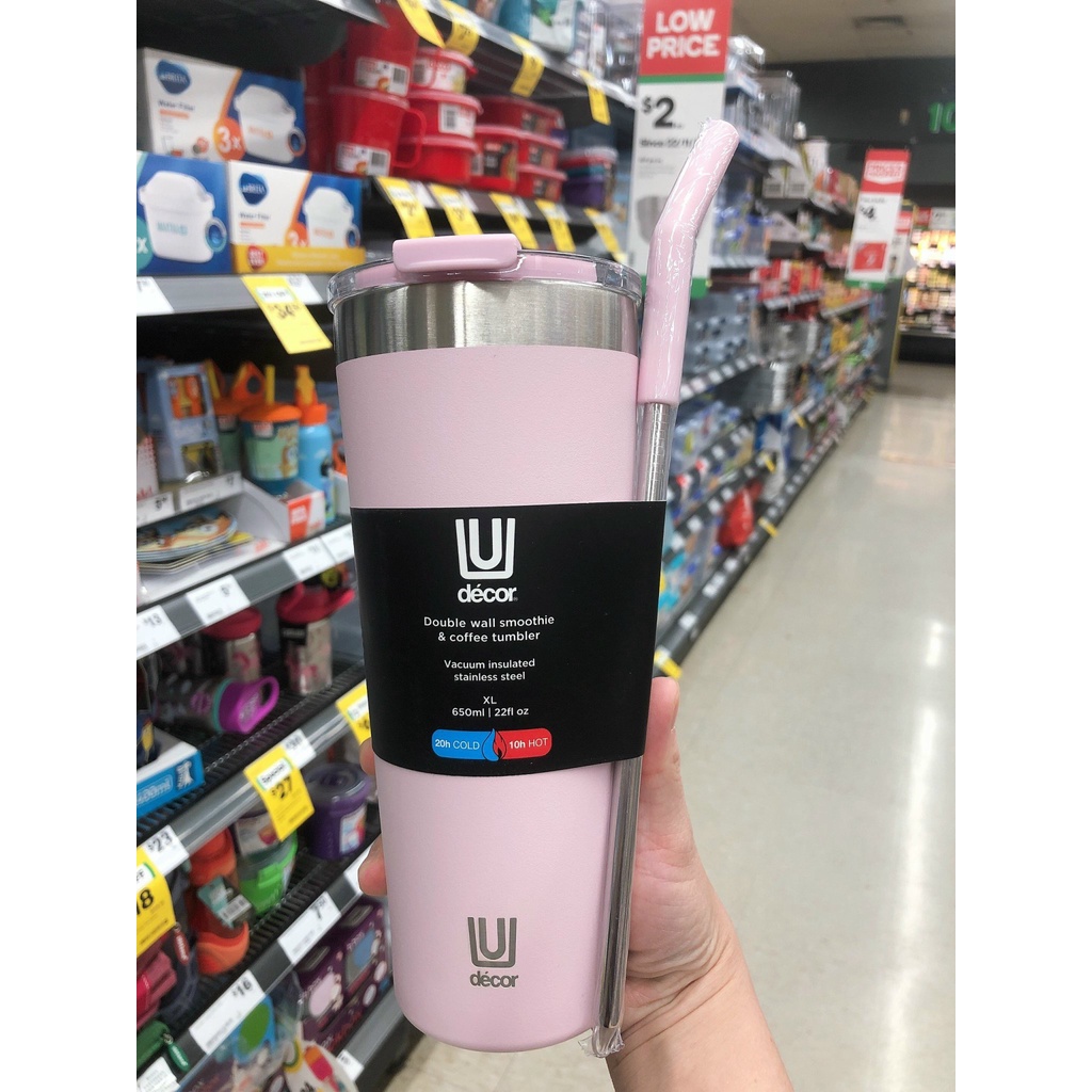 ( Tặng kèm ống hút) Bình Ly giữ nhiệt Decor smoothie Tumber 650ml hàng úc