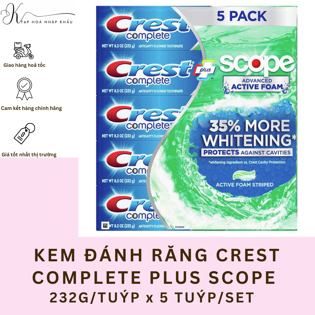 [NHẬP KHẨU MỸ] KEM ĐÁNH RĂNG CREST COMPLETE EXTRA WHITENING + SCOPE 232G/TUÝP CỦA MỸ