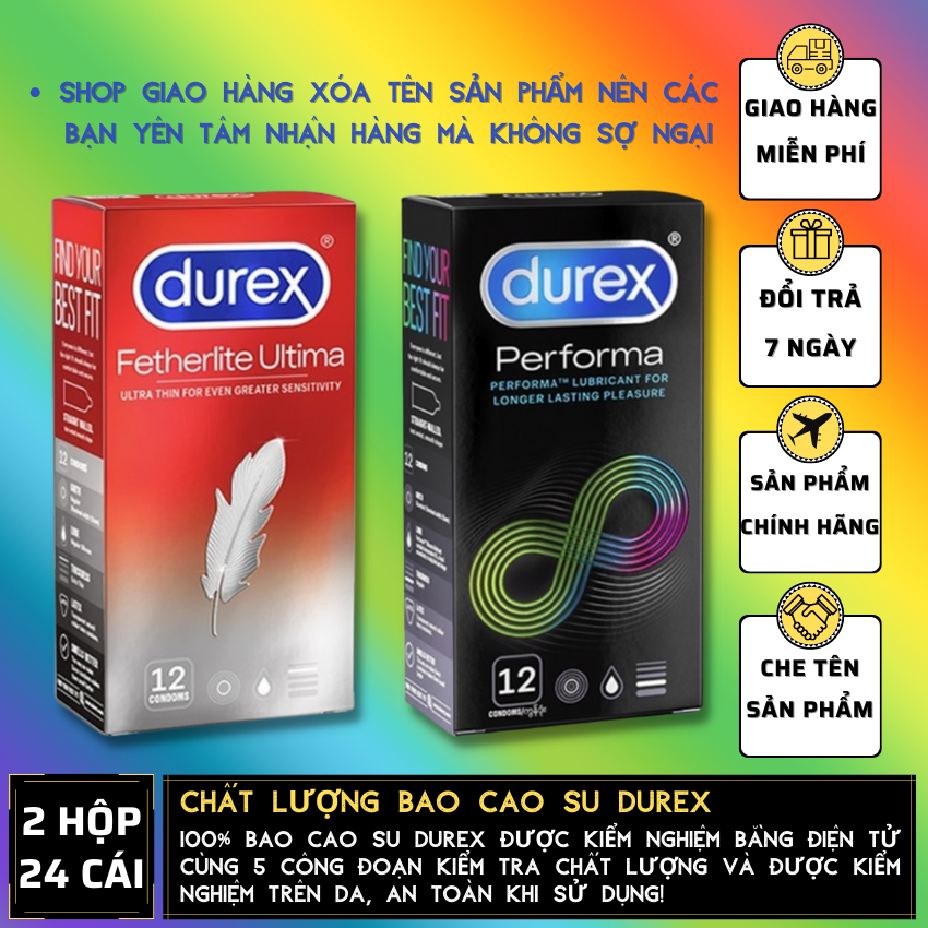 02 Hộp  Bao Cao Su Durex Fetherlite siêu mỏng + Durex Performa kéo dài thời gian quan hệ [Che tên sản phẩm]