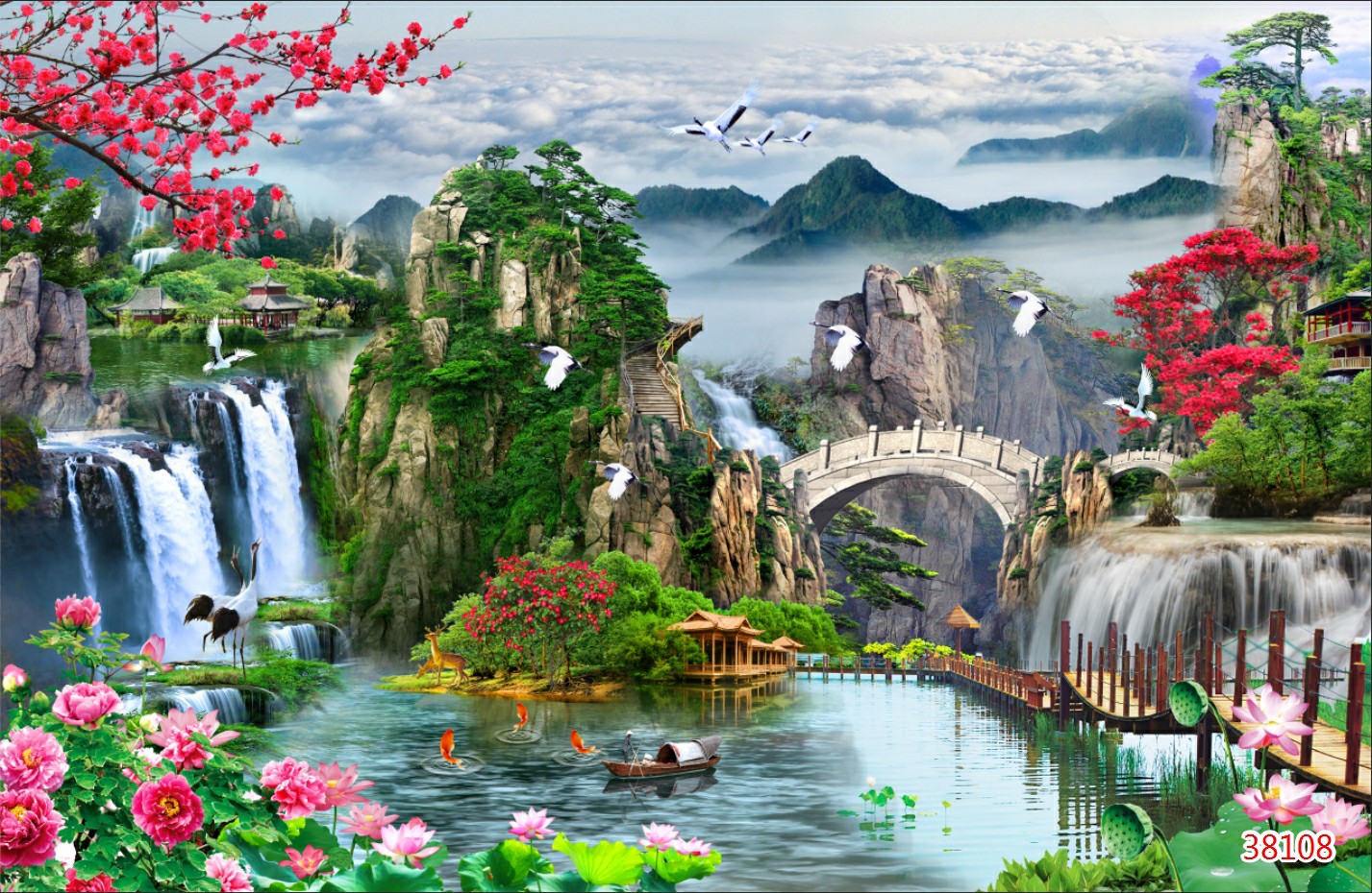 Tranh dán tường 3D Phòng Khách/ Sơn Thủy Hữu Tình/ Tranh Lên Màu Sắc Nét- Đóng Gói Cẩn Thận(Đã tích hợp sẵn keo),CT3