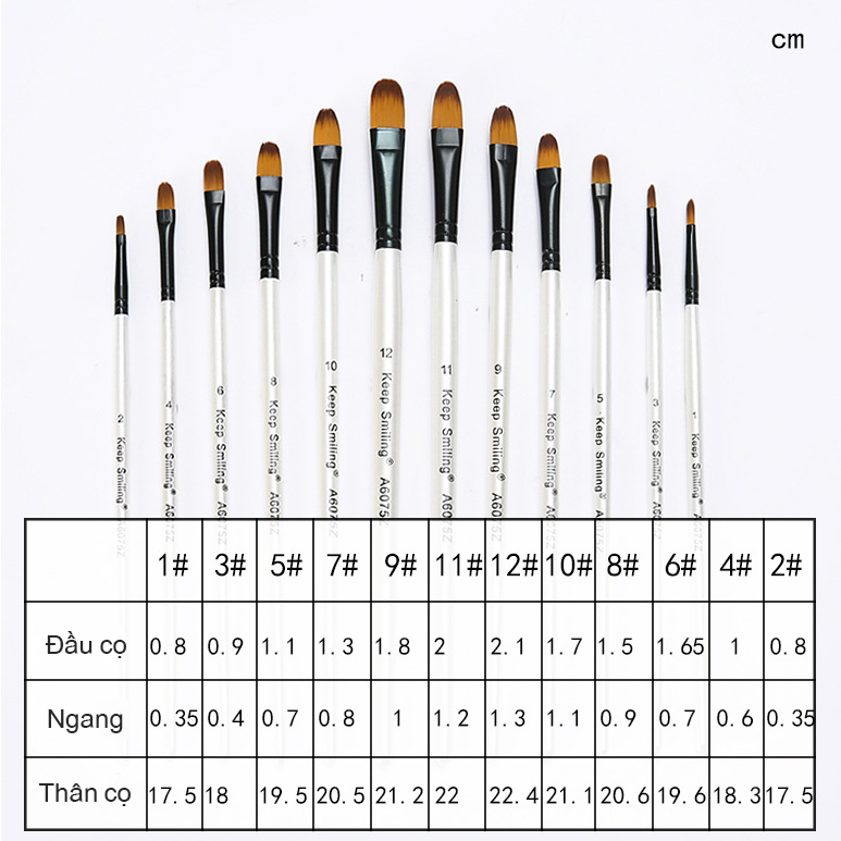 Bộ 12 cọ vẽ Keep Smiling, cọ oval (filbert)