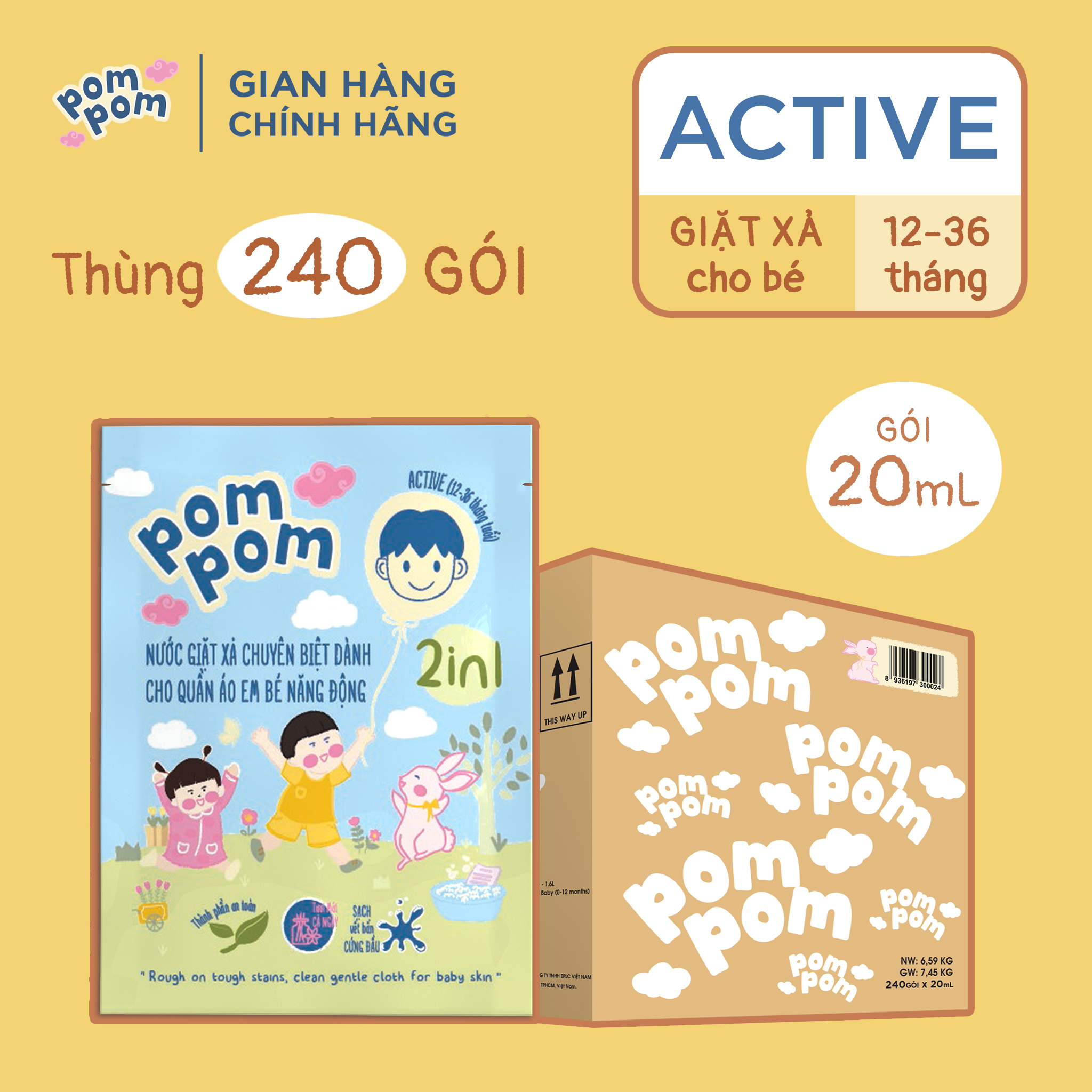 Thùng Gói Nước Giặt Xả Pom Pom Active An Toàn Cho Da Bé 1-3 Tuổi 1 Thùng