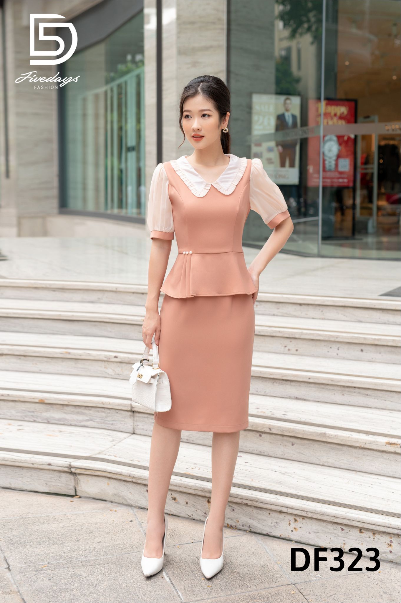 Fivedays - Đầm Peplum cổ sen bèo đính cúc ngọc eo