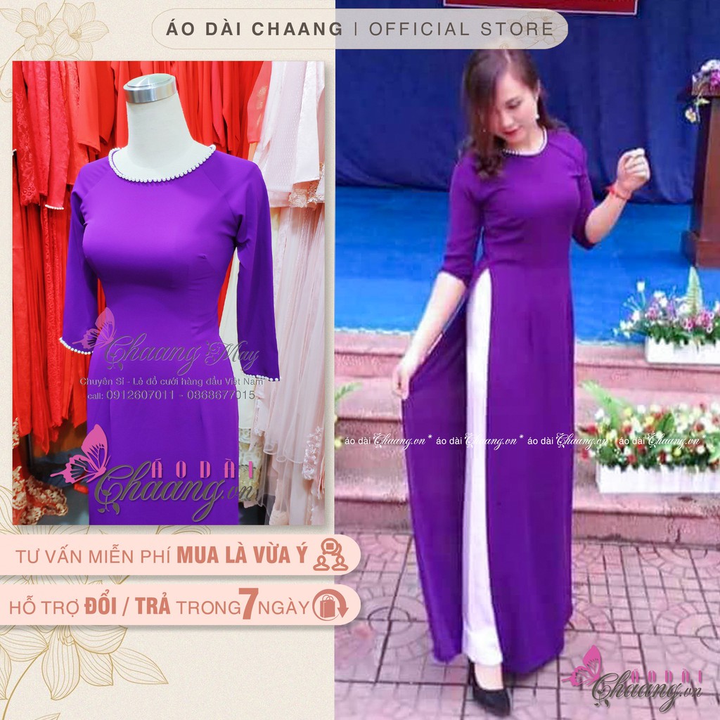 Áo dài tím cổ tròn ⚡CHAANG⚡ May sẵn áo dài đẹp huế – cổ tròn đính ngọc tay lỡ