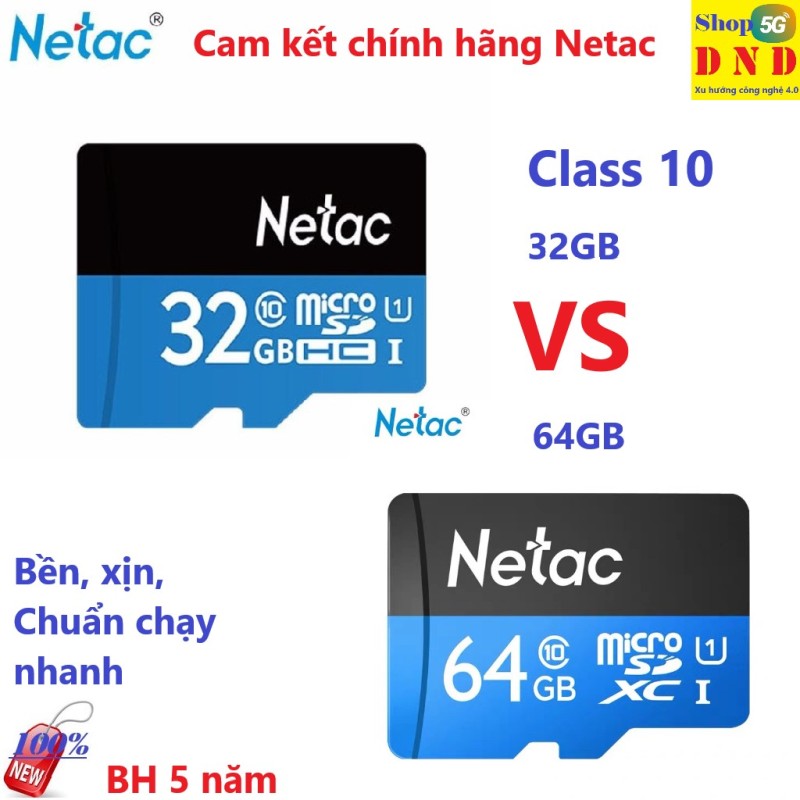 Thẻ nhớ Chính hãng Netac 32GB vs 64GB class 10, tốc độ đọc 80 - 100mb/s, tốc độ ghi 10mb/s. Ghi hình 4k, Chuyên nghiệp cho tất cả các loại camera, điện thoại, thiết bị sử dụng khe cắm thẻ - Bảo hành 5 năm chính hãng Netac
