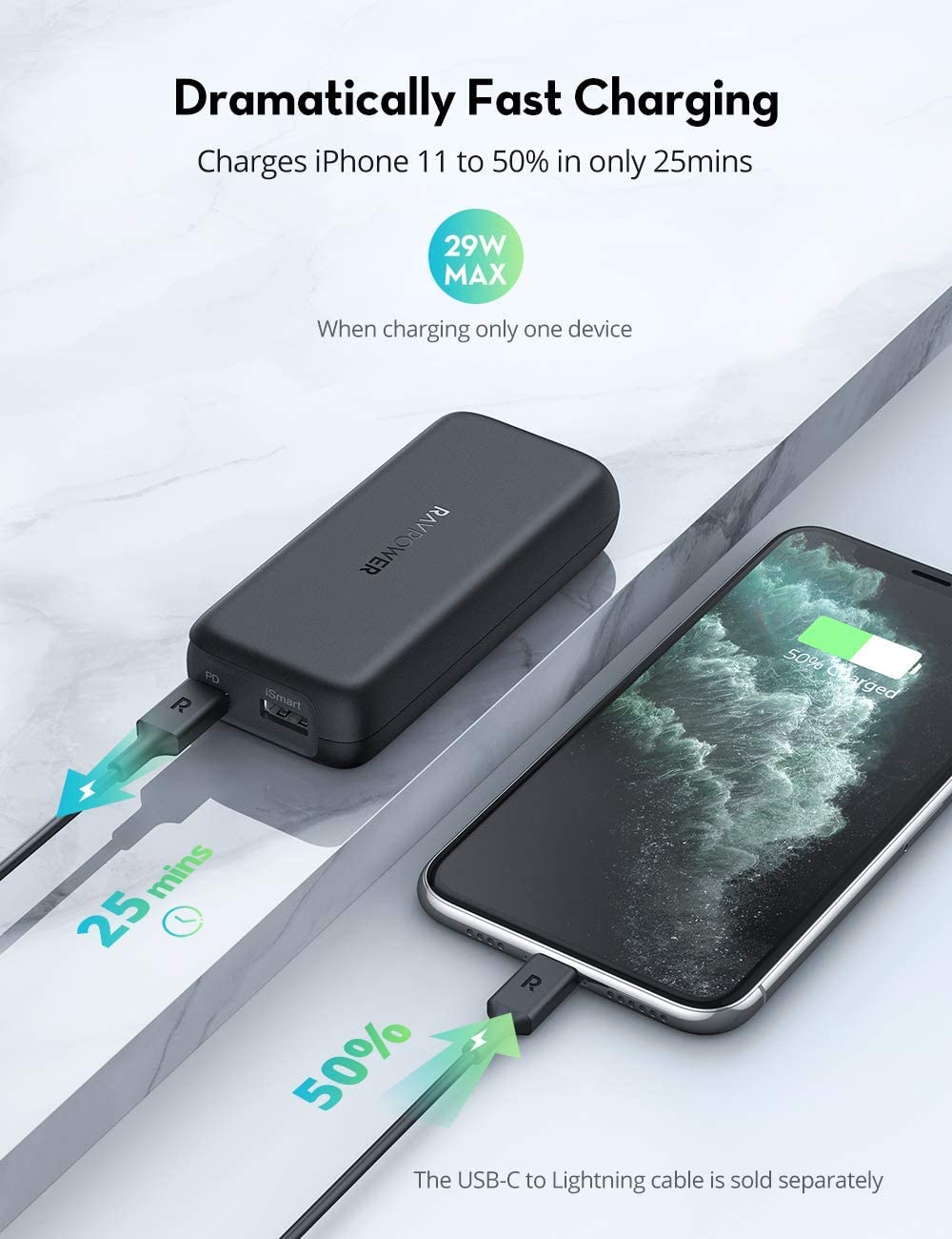 [Nhập LAZSOCIAL100K giảm 15% tối đa 100K]Sạc dự phòng RAVPower 10000mAh 29w (RP-CPBN001)