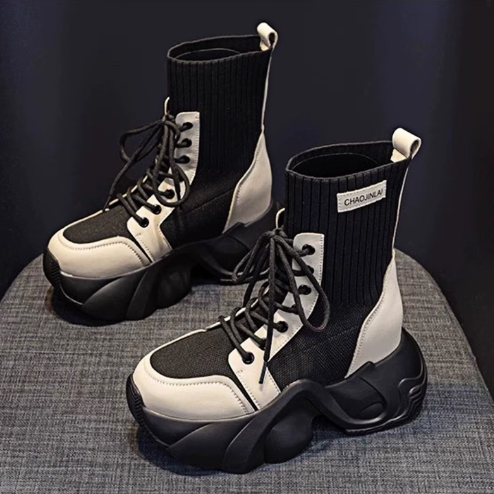 Giày Boots đế độn cổ len cao 9cm PB590-4166