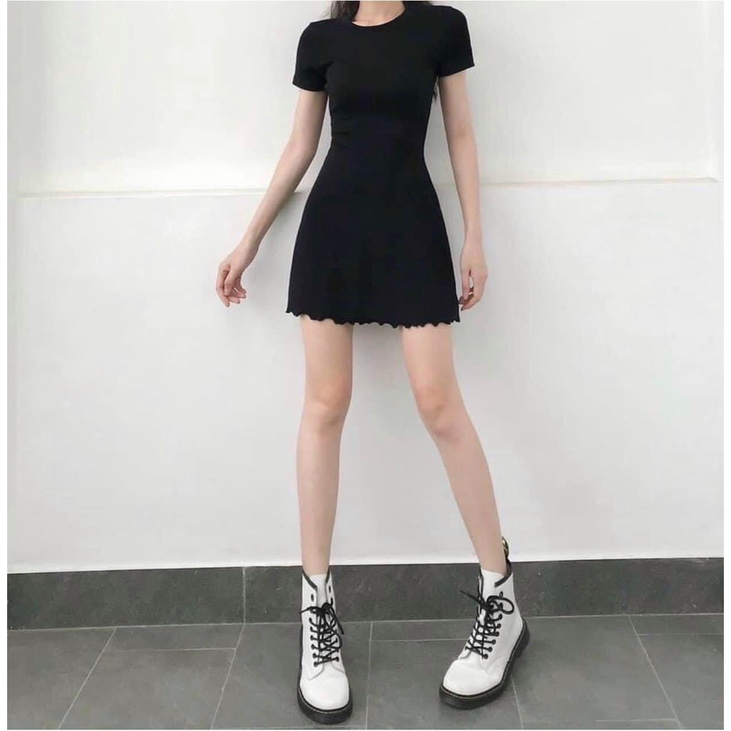 Đầm nữ basic body đen viền bèo siêu xinh - váy nữ dáng ngắn chất thun gân co dãn so hot