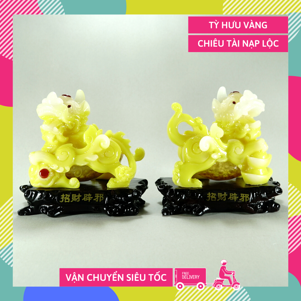 Cặp tượng Tỳ Hưu vàng bụng trứng dâng tiền chiêu tài cực mạnh - Cao 17cm kèm hướng dẫn khai quang