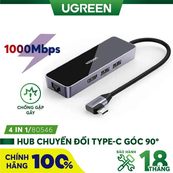 Bộ chuyển Type-C UGREEN 80546 Bẻ Góc 90 Độ HDMI 4K*2K + 2xUSB 3.0 + Lan 1Gbps Cao cấp - Hàng phân phối chính thức