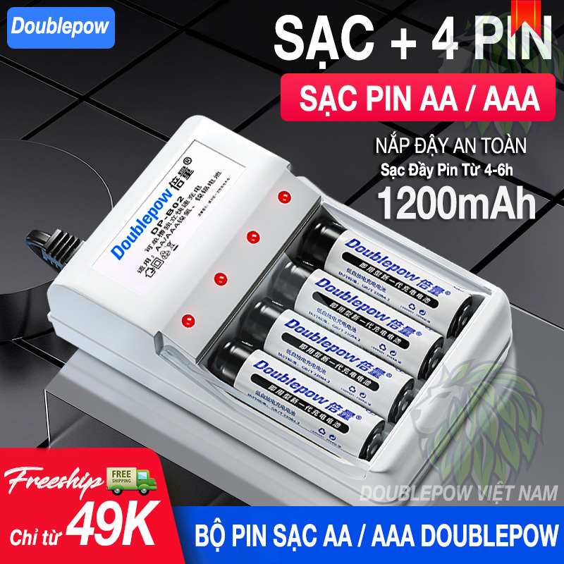 Bộ sạc pin AA/AAA DB02 + 4 pin AA 1200mah Doublepow (hàng chính hãng) Pin Sạc Micro Không Dây - Pin Đồ Chơi Điện Tử - Pin Tiểu Sạc Dung Lượng Cao - Pin Micro Loa Kẹo Kéo - Pin Chuột Không Dây