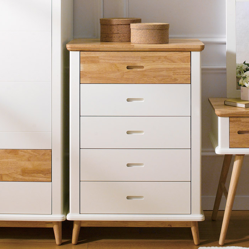 Tủ 5 ngăn kéo IBIE Vivid gỗ cao su màu trắng phối tự nhiên đựng quần áo, đồ dùng