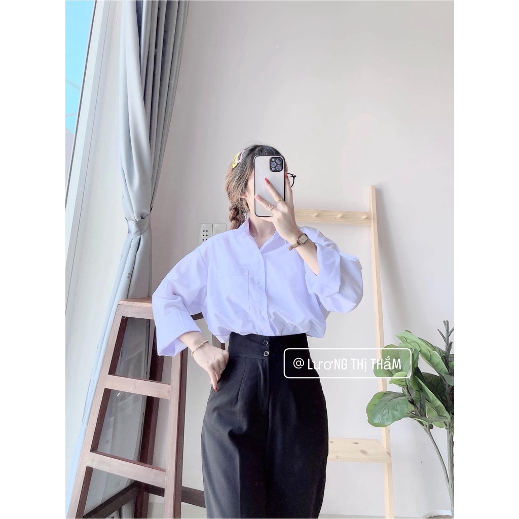 Áo Sơ Mi Trắng Trơn Tay Dài 1 Túi Ulzang Basic(màu trắng xanh)