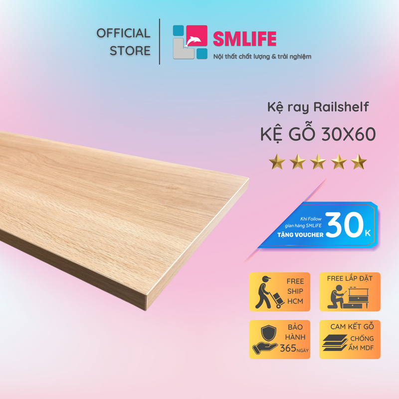 Tấm kệ gỗ treo tường Railshelf 30x60cm bằng ván ép MFC An Cường Wood dày 18mm màu Trắng/Vân Gỗ hiện đại