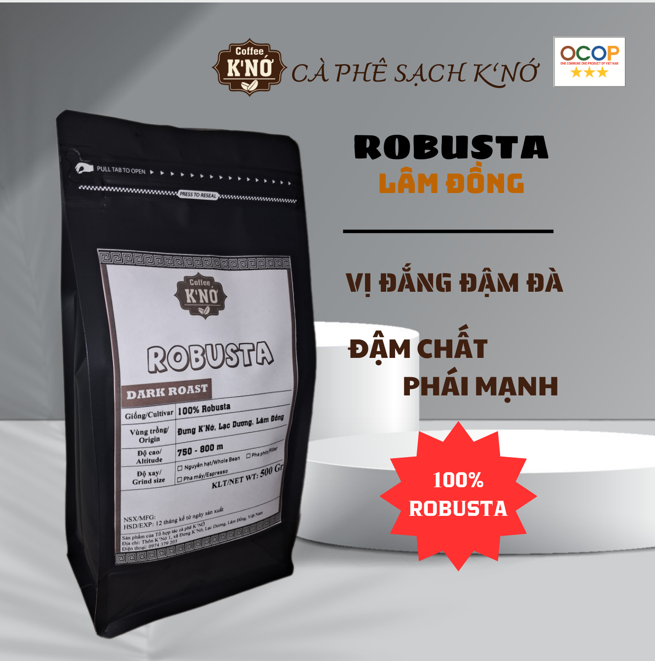 Cà phê ROBUSTA nguyên chất rang mộc, cà phê hạt, cà phê bột, cafe sạch Lâm Đồng, Coffee K'Nớ.
