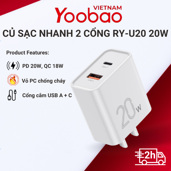 Củ sạc nhanh 2 cổng usb-a & type-c sạc nhanh pd 20w chính hãng yoobao ry-u20