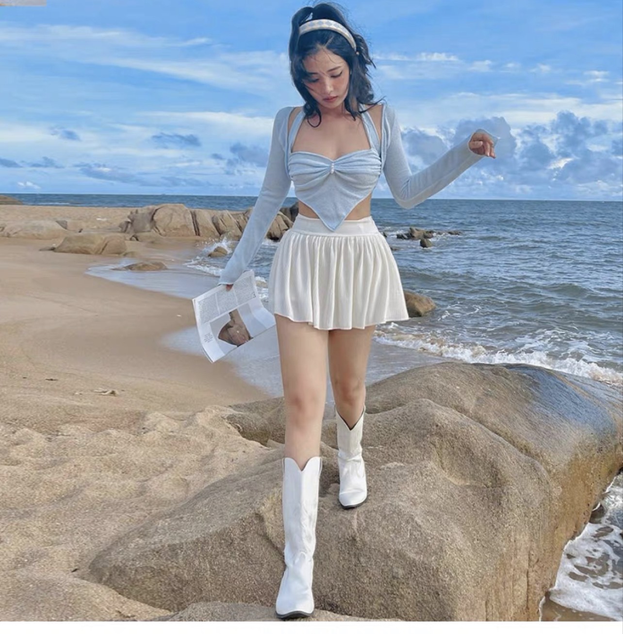 Áo croptop tay dài vạt nhọn PINKSTORE29 A5493 cổ hở quyến rũ