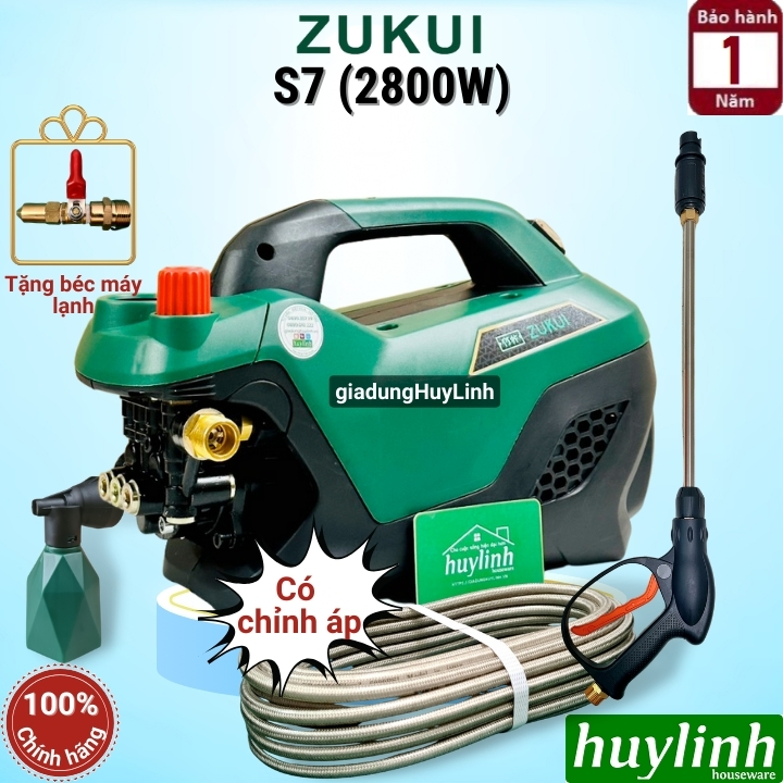 Máy xịt rửa xe Chỉnh Áp Zukui S7 [Version 2023] - 2800W - Tặng béc rửa máy lạnh - Motor cảm ứng từ - Tự động hút nước