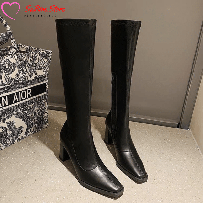 Bốt/Boots Đùi Da Mềm Mix Khoá Cạnh Gót Vuông 8p Cao Cấp (Mã Q86)