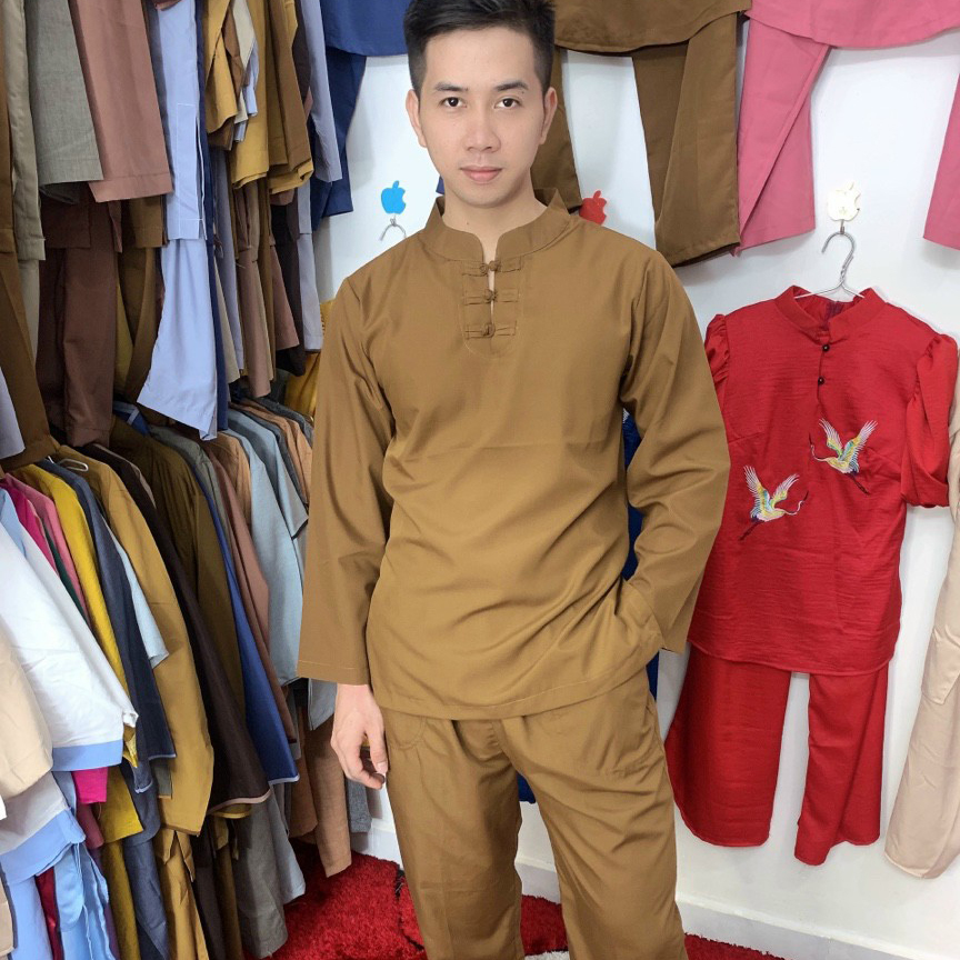 Bộ quần áo phật tử nam, quần áo phật tử, đồ lam phật đi chùa nam mẫu 03 nút tay dài mã kan01d