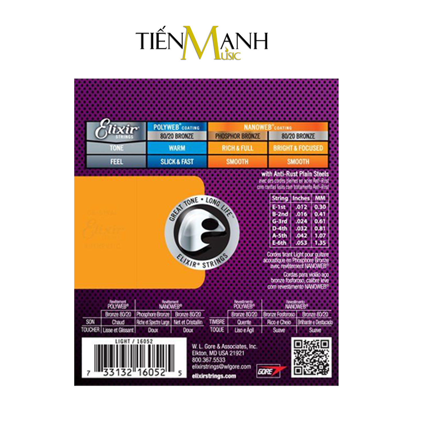 Elixir 16052 - Dây Đàn Acoustic Guitar Cỡ 12 (.012-.053) Phosphor Bronze Strings Light - Hãng phân phối chính thức