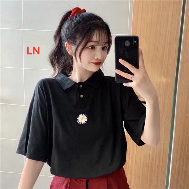 Áo Thun Nữ, Áo Polo Nữ Form Rộng Phối Hoa Cúc