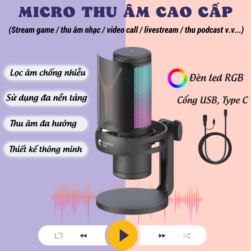 Micro Thu Âm USB-C Yanmai MG7,  Mic thu âm livestream, Micro hát karaoke thu âm, Mic thu âm cho máy tính, điện thoại hỗ trợ livetream, podcast, video call, stream game, …