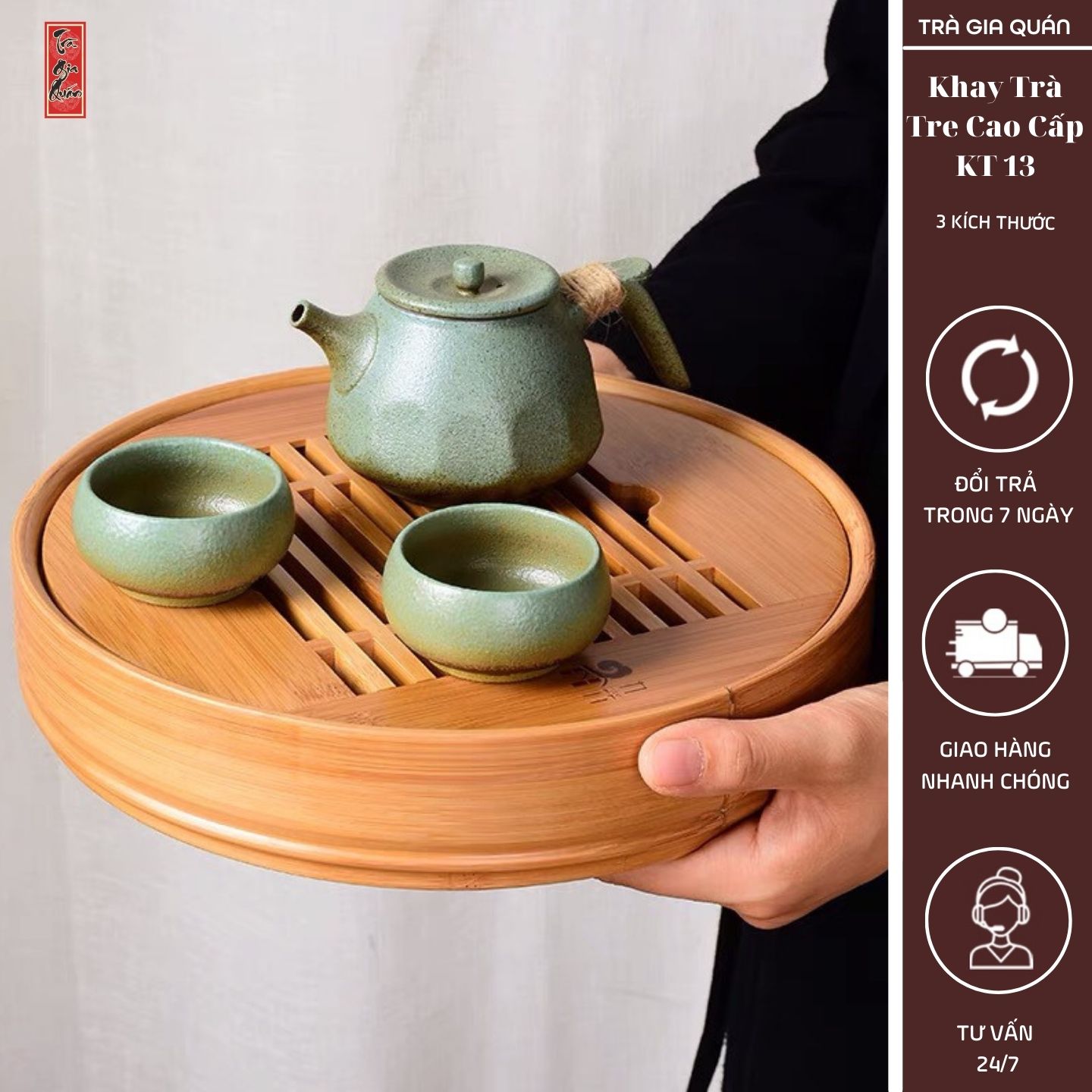 Khay trà tre cao cấp tròn kt 14