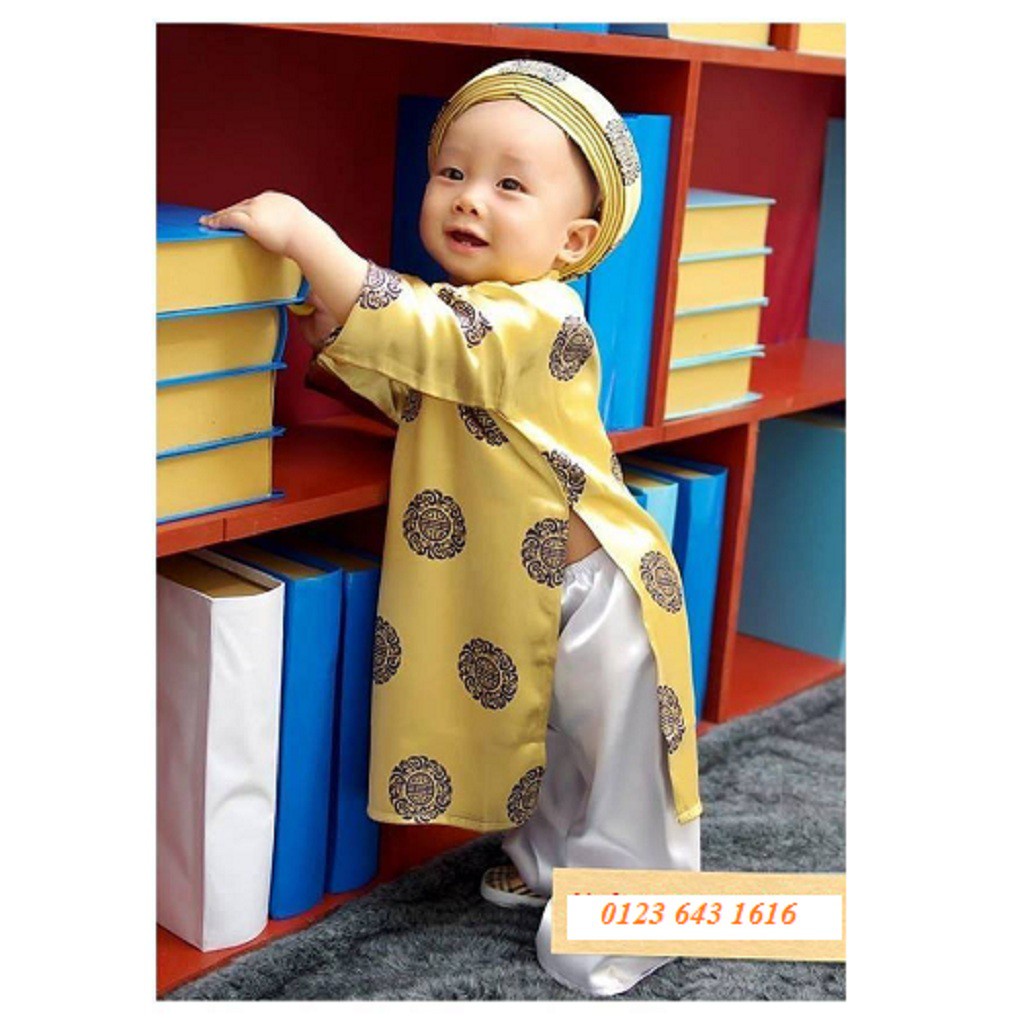 Áo Dài truyền thống Gấm Thái Tuấn Vàng Đồng bé Trai (Áo + quần + mấn, khăn xếp đội đầu)