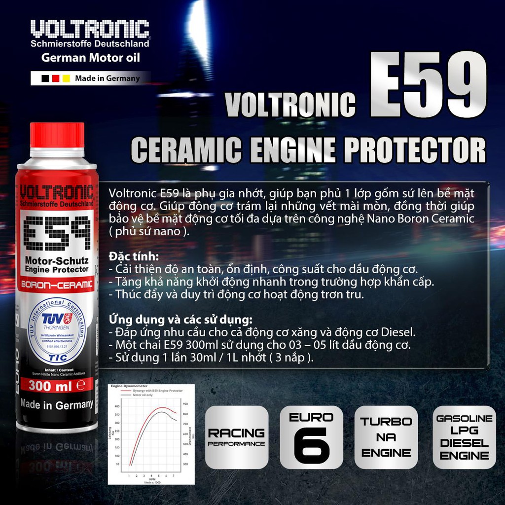 Phụ gia nhớt, Phủ Ceramic động cơ VOLTRONIC E59 ENGINE PROTECTOR CERAMIC ( CHAI CHIẾT LẺ 30ml / 50ml ) - Nhập khẩu Đức