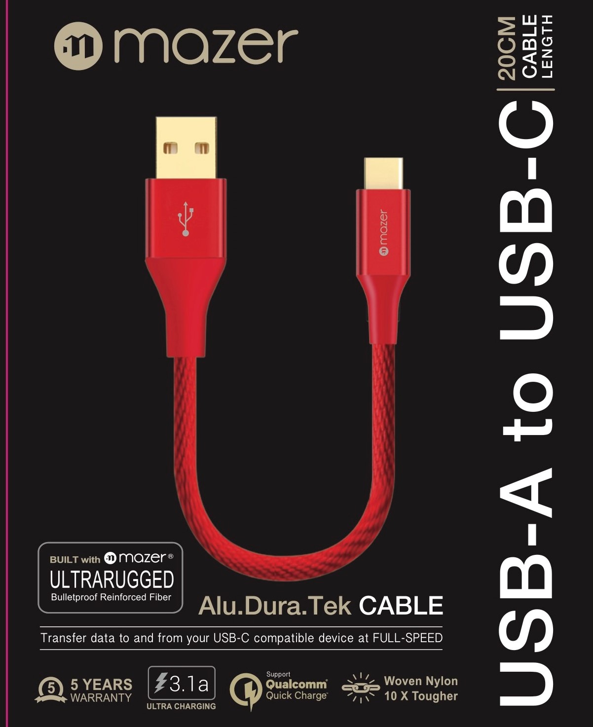 Dây Cáp Sạc Mazer ALU.DURA.TEK USB-A to USB-C Cable 3.1A (20cm - 1.2m - 2m)