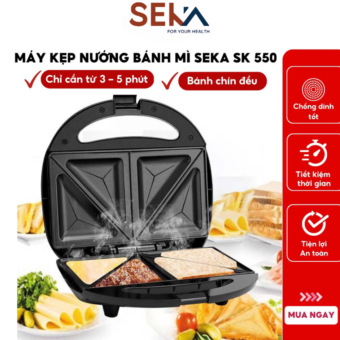 Máý nướng bánh Sandwich Seka SK550 - Nướng 2 mặt - Khay chống dính - Máy làm bánh Sandwich - Máy kẹp bánh mì